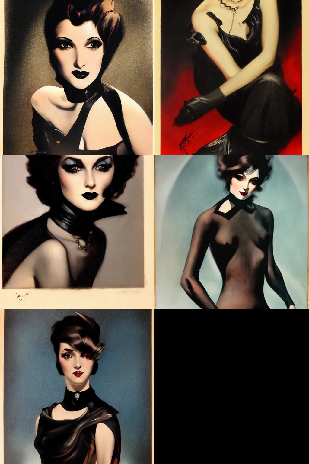 Prompt: goth painted by rolf armstrong. high - quality character portrait. short dark brown messy pixie haircut, large black eyes, slightly rounded face, pointed chin, small nose, black tank top, black leather jacket, black knee - length skirt, black choker.