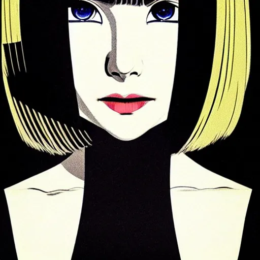 Prompt: woman with bobcut haircut with friendly eyes and slim features looking askance, underground box office hit, satire and seventies italian horror movie, intricate, ultra detailed 8 k, best, cool, extremely beautiful and aesthetic shape of face and neck, art by hiroaki samura and ilya kuvshinov and rossdraws and andy warhol, inverted