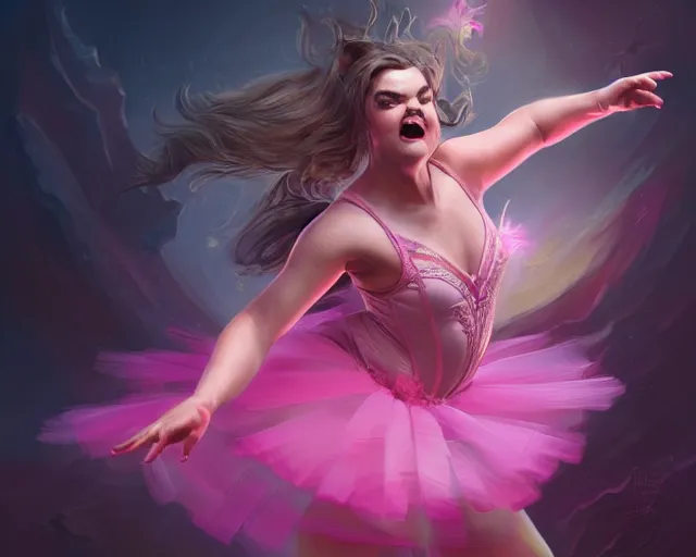 Image similar to photography of jack black dancing in a pink ballerina outfit, full body shot, deep focus, d & d and mtg, fantasy, intricate, elegant, highly detailed, digital painting, artstation, concept art, matte, sharp focus, illustration, hearthstone, art by ross tran