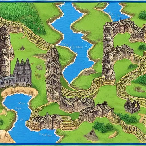 Prompt: RPG fantasy map with castles, mountains and rivers, intricate details, extremely detailed, sharp features