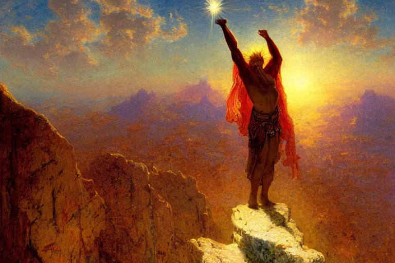 Image similar to illustration of a mythical hero standing at the top of a mountain lifting the sun over his head, holding it up to shine over the world. art by gaston bussiere.