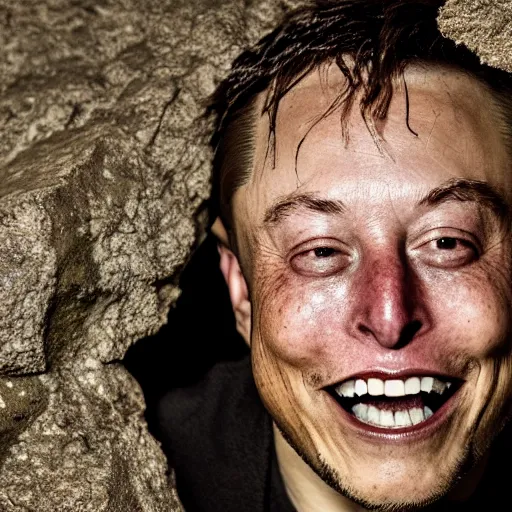 Image similar to photo inside a cavern of a wet reptilian humanoid rapper elon musk partially hidden behind a rock, with black eyes, open mouth and big teeth