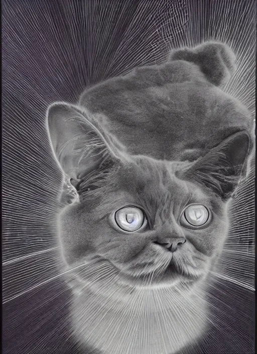 Image similar to futuristic laser beams tracing, laser cat, selkirk rex longhair, by steven meisel, kaws, rolf armstrong, mondrian, kandinsky, perfect geometry abstract acrylic, octane hyperrealism photorealistic airbrush collage painting, dark monochrome, fluorescent colors, minimalist rule of thirds, eighties eros