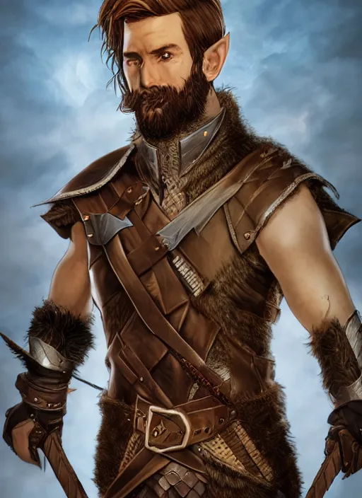 Image similar to A fantasy comic book style portrait painting of an arrogant half elf ranger, shaggy brown hair, scruffy beard, in leather studded armor, unreal 5, DAZ, hyperrealistic, octane render, cosplay, RPG portrait, dynamic lighting