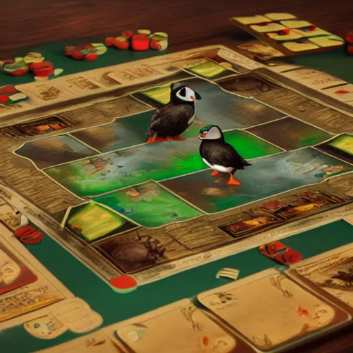 Image similar to puffin playing board game, cinematic, cinematic lighting, trending on Artstation, Cgsociety, detailed, 4k, very realistic