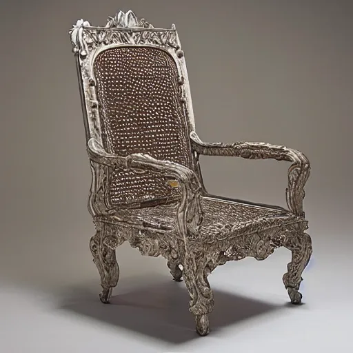 Prompt: brutalism baroque chair, product photo, highly detailed
