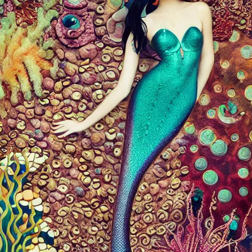 Image similar to mermaid , underwater , a stunning beautiful giorgia-era dress with brown long hair , abundant detail, octopuses and flowers