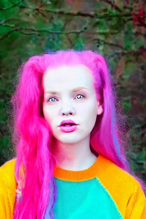 Image similar to an portrait of a girl with pink hair wearing a bright colorful retro sweater, evokes chrysalism painting by mark ryden, and lisa frank