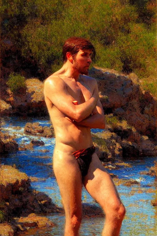 Prompt: attractive man by a river, bright sunlight, oil covered skin, painting by gaston bussiere, craig mullins