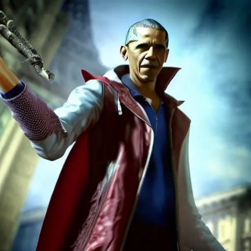 Prompt: Barak Obama as a character in Devil May Cry, film still, photorealistic, medium shot