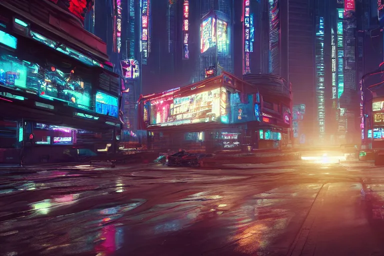 Image similar to wide-angle high-res rendering of the inside of cyberpunk street with large screens in 2077, intricate, elegant, sunrays, trending on Artstation, stunning volumetric lighting, Unreal Engine, 8K