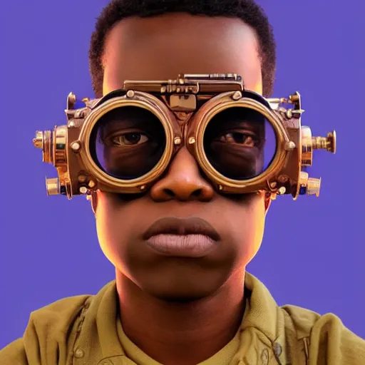 Image similar to colourful vfx upper half - portrait - art of a nigerian boy wearing steam punk goggles, art by utagawa kunisada & james jean, symmetrical, intricate detail, concept art, volumetric light, ray tracing, caricature, digital illustration, octane 3 d render, unreal engine, sharp, 8 k post process, pinterest, behance, art station,