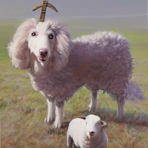 Prompt: dog barking at sheep realistic painting