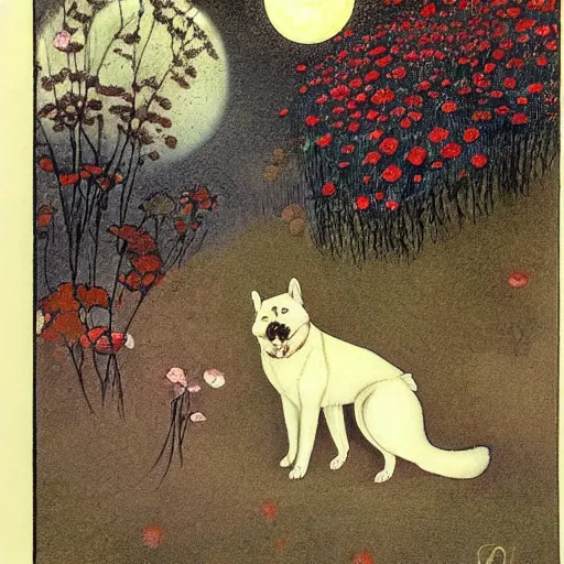 Image similar to red akita inu dog in a moonlit garden, by warwick goble and kay nielsen