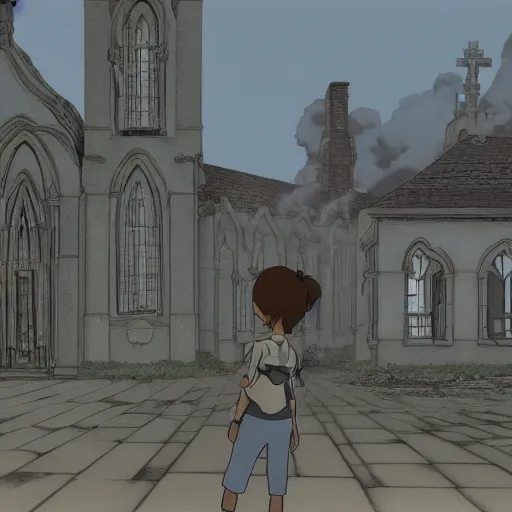 Image similar to ghost of a young girl, a burnt out church, wisps of smoke, photorealism, cel shaded, studio ghibli, hayao miyazaki