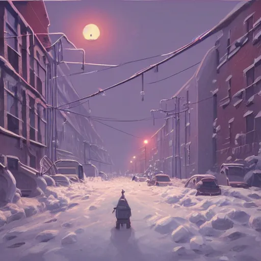 Image similar to a snow covered street with buildings and power lines, concept art by Simon Stålenhag, cgsociety, plein air, concept art, artstation hq, matte drawing