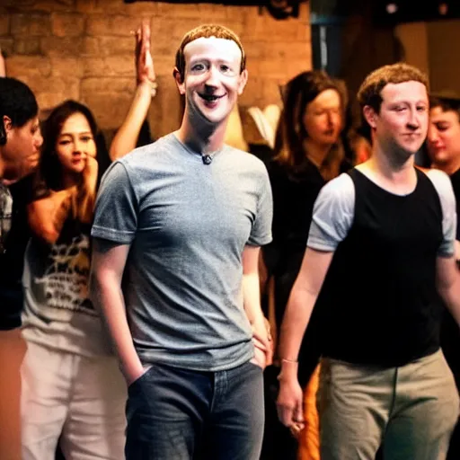 Prompt: mark zuckerberg standing straight in the middle of a club, people are dancing around him, there are toilet seats next to him, very detailed, hyper realistic.