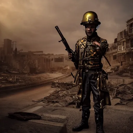 Image similar to photo of a detailed steampunk soldier with helmet carrying a steampunk rifle in his arms, standing in front of a dilapidated advanced city with citizens walking, 4k, Unreal Engine, octane render