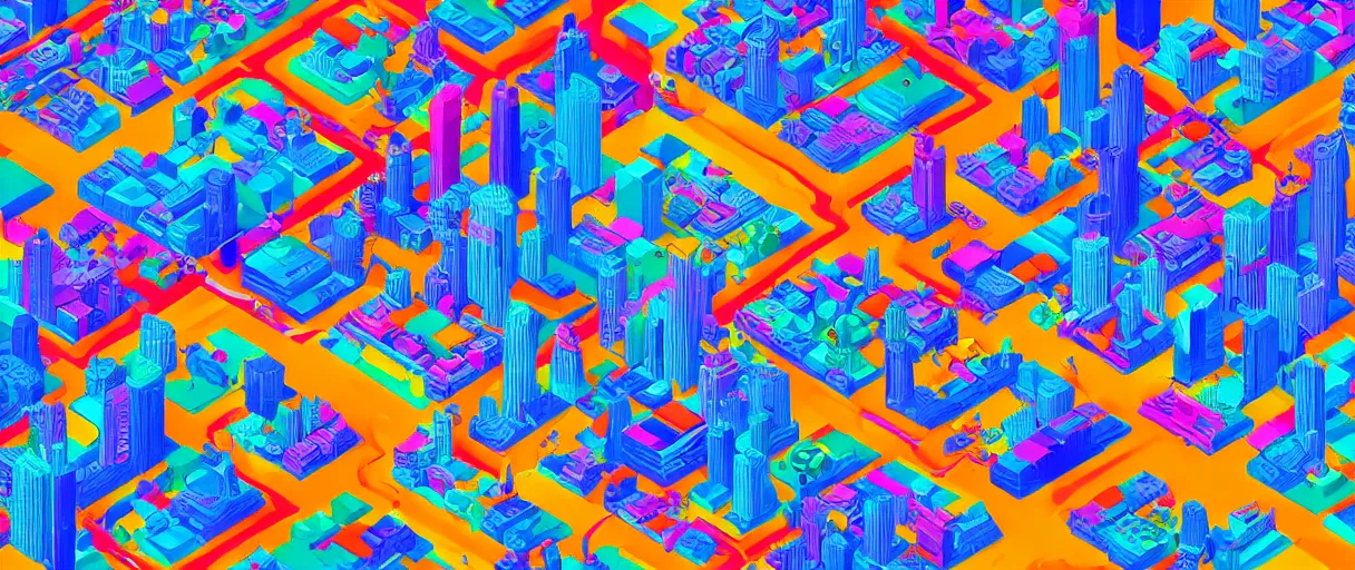 Image similar to an epic 3D city, made up of colorful particles, isometric view, digital art