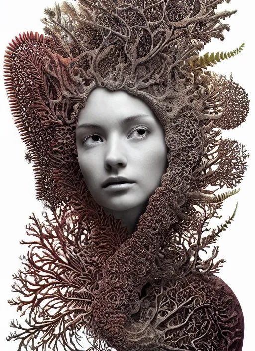 Prompt: ridiculously beautiful young womans face, layers of intricate swirling fractals of 3 d coral and fern skin, blooming, portals into dimensions, coral, birds, symmetrical, in the style of ernst haeckel, effervescent, sacred geometry, surrealism, photo realistic, epic and cinematic, 3 d, clear, sharp,
