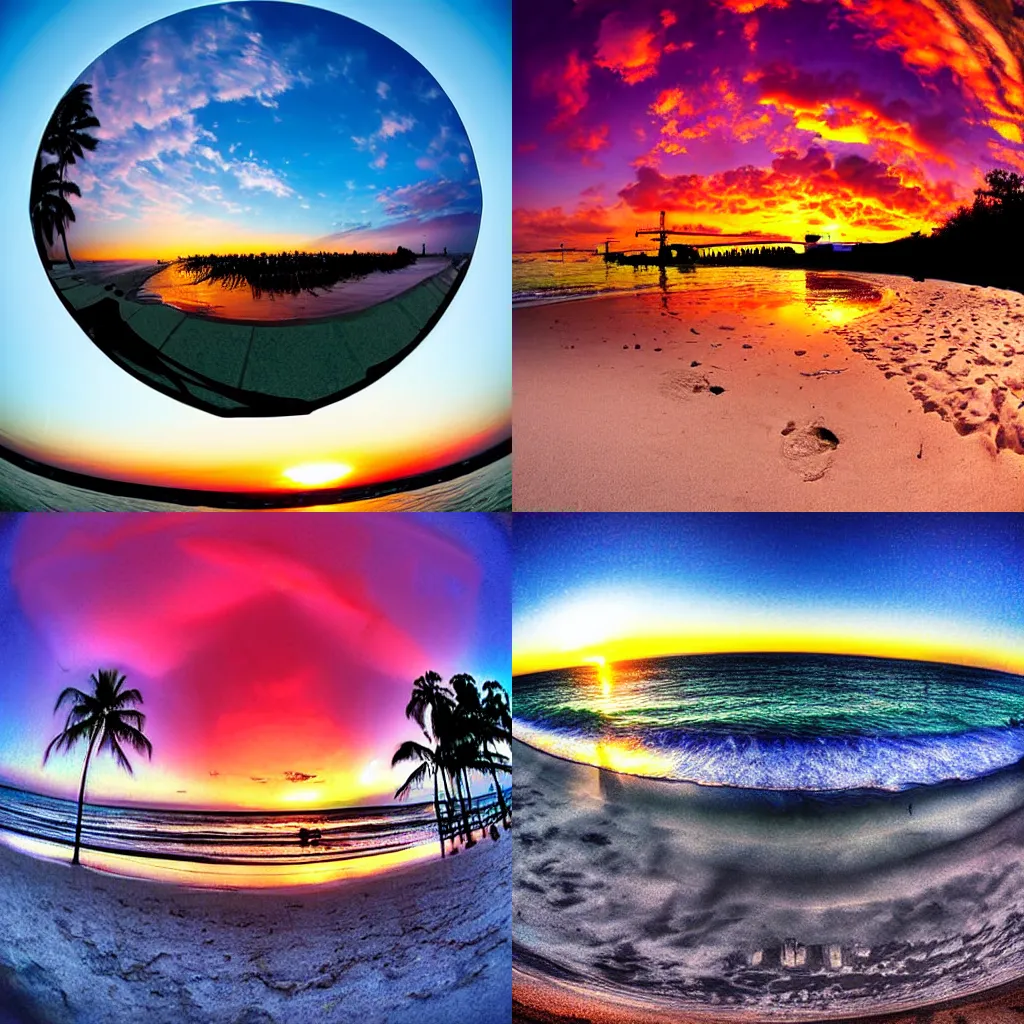 Prompt: digital art beach city sunset beautiful fisheye lens