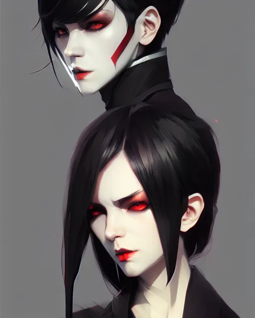 Image similar to sharp hq rendering, dark vampire, character portrait, concept art, painterly, fanart, highly detailed in the style of wlop by ilya kuvshinov, wenjun lin, angular asymmetrical design