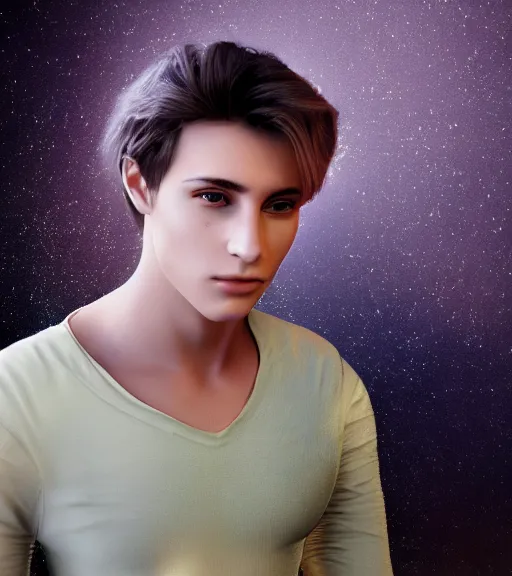 Image similar to photo realistic render of the most handsome young man in the world, he is seductive in his appearance and has kaleidoscope eyes