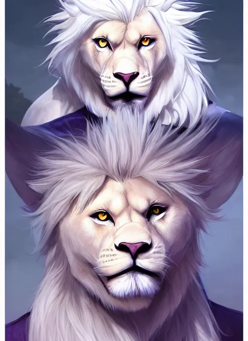 Image similar to award winning beautiful portrait commission of a male furry anthro albino lion fursona with a tail and a cute beautiful attractive detailed furry face wearing rockstar clothes on a live stage. Character design by charlie bowater, ross tran, artgerm, and makoto shinkai, detailed, inked, western comic book art