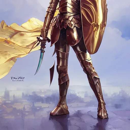 Prompt: a knight wearing a golden armor, full-body shot, digital painting, smooth, elegant, hd, art by WLOP and Artgerm and Greg Rutkowski and Alphonse Mucha
