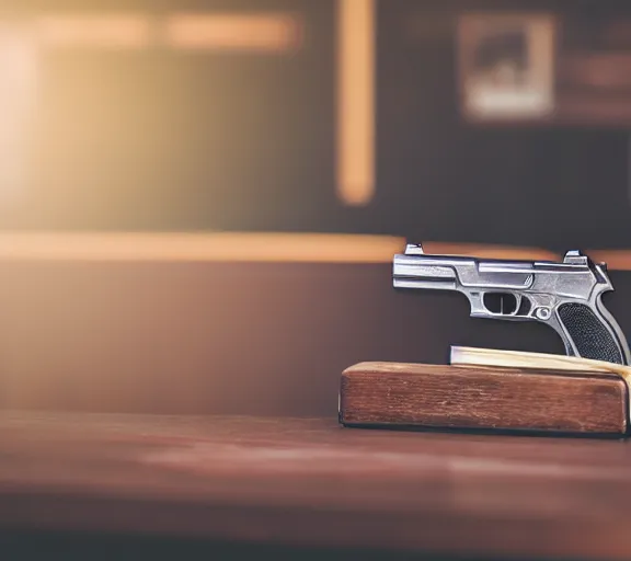 Image similar to a full shot photo of a pistol gun laying on a desk