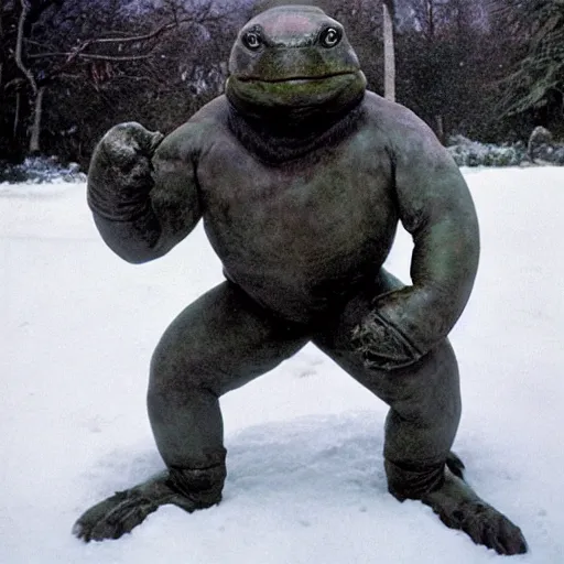 Prompt: anthropomorphic turtle humanoid in the snow wearing furs by frank frazetta