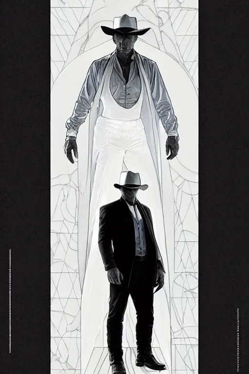 Image similar to ed harris as the man in black, westworld, wearing an all white outfit in the style of art by artgerm and greg rutkowski and alphonse mucha