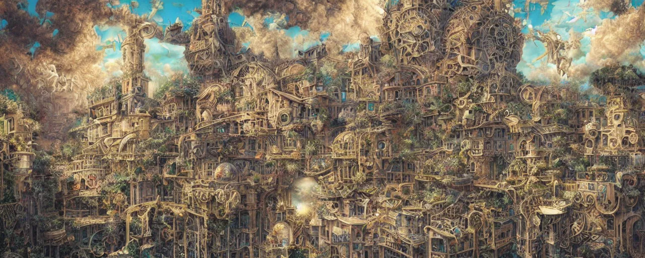 Image similar to pastel colours, guido borelli da caluso, richard dadd, smooth paper with detailed line work, Mandelbulb, Exquisite detail perfect symmetrical, silver details, hyper detailed, bold intricate ink illustration, smooth textures, steampunk, smoke, neon lights, starry sky, steampunk city, liquid polished metal, by jesper ejsing