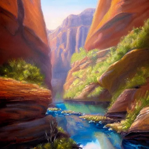 Prompt: beautiful oil painting of a canyon in between mountains, trending on artstation, high detail, realism, award winning, detailed lighting