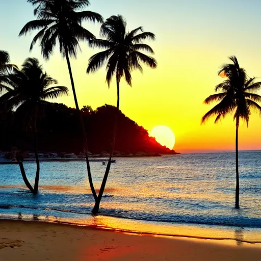 Image similar to beautiful beach with palm trees and a sunset