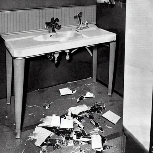 Image similar to a 1 9 5 0 s newspaper clipping with a photo showing a luxurious bathroom with a smashed mirror shattered on the floor