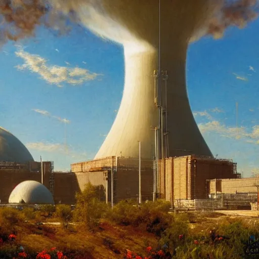 Image similar to detailed cinematic wide shot of giant world nuclear power plant, ultra realistic, spring light, painting by gaston bussiere, craig mullins, j. c. leyendecker