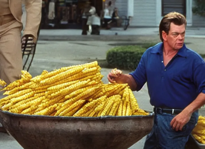 Image similar to shooter mcgavin, movie still, selling street corn, 8 k, realistic