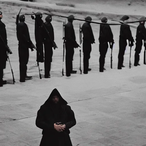 Image similar to cinematic photo of Hooded innocent man, his hands are tied behind his back, he is standing 20 feet from a line of military men with their rifles pointed at him, firing squad, award winning, golden hour