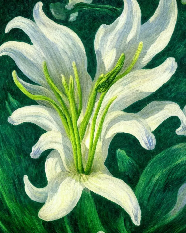 Image similar to achingly beautiful extreme close up painting of one white lily blossom on green background rene magritte, monet, and turner. piranesi. macro lens.