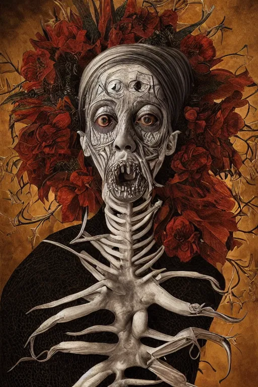 Image similar to Detailed maximalist portrait of a beautiful old woman with large lips and eyes, scared expression, botanical skeletal with extra flesh, HD mixed media, 3D collage, highly detailed and intricate, surreal illustration in the style of Caravaggio, dark art, baroque, centred in image