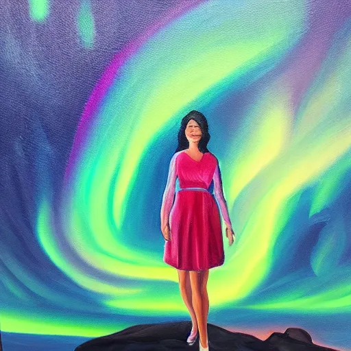 Image similar to a professional painting of a woman wearing a summer dress that looks like the northern lights, 4 k, trending