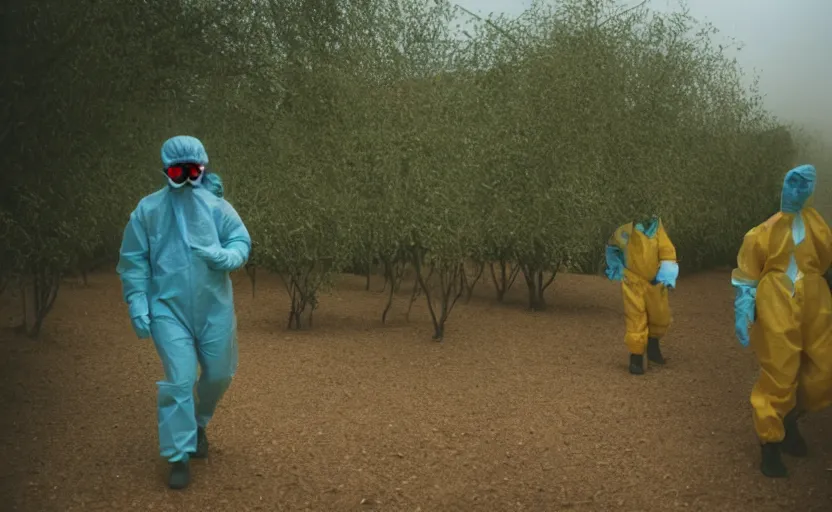 Prompt: cinestill 5 0 d photographic portrait by helen levitt of evil hazmat scientists walking through a brutalist hedge maze, extreme closeup, cinematic, modern cyberpunk, dust storm, 8 k, hd, high resolution, 3 5 mm, f / 3 2