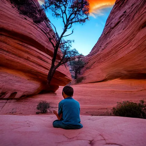 Prompt: cinematic still of a young boy praying in zion national park, rock formations, colorful sunset, epic, cinematic lighting, dramatic angle, heartwarming drama directed by Steven Spielberg n 9