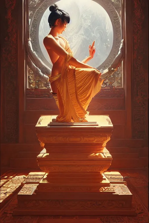 Prompt: temple, buddhism, impressionnisme, painting by greg rutkowski, j. c. leyendecker, artgerm