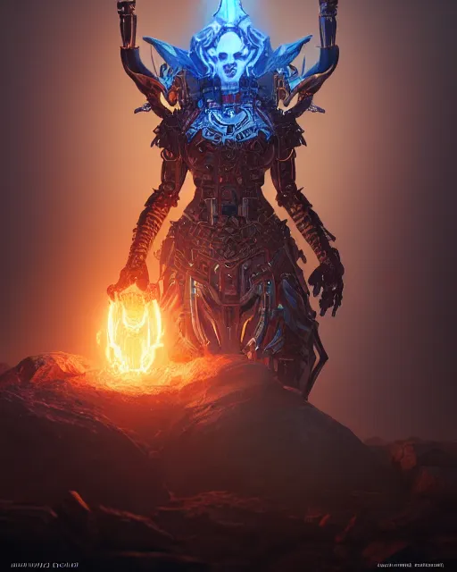 Image similar to diablo action game robot shaman by artgerm, greg rutkowski, alphonse mucha, cgsociety and beeple highly detailed, sharp focus, cinematic lighting, illustration, art, octane render, unreal engine lumen, very coherent. cinematic, hyper realism, high detail, octane render, 8 k