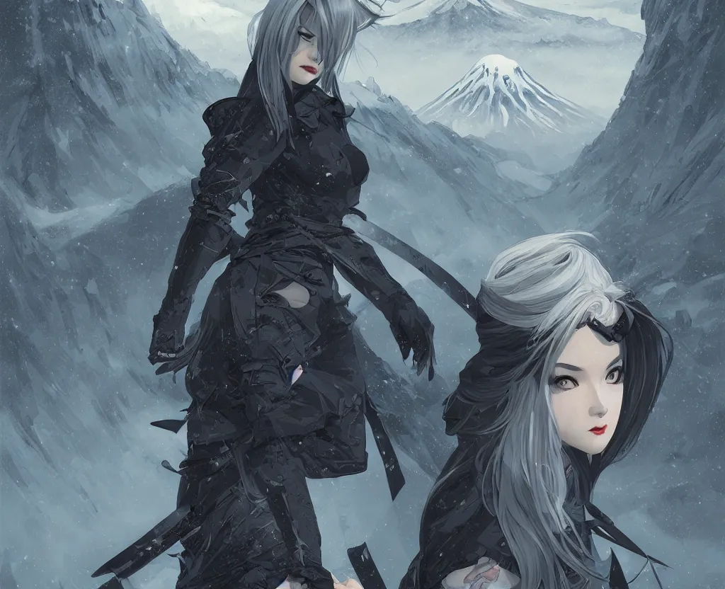 Image similar to portrait ninja gaiden girl, black plus little green ninja wardrobe, grey hair, at storm snowy fuji mountain sunrise, ssci - fi and fantasy, intricate and very very beautiful, detailed, digital painting, artstation, concept art, smooth and sharp focus, illustration, art by tian zi and wlop and alphonse mucha