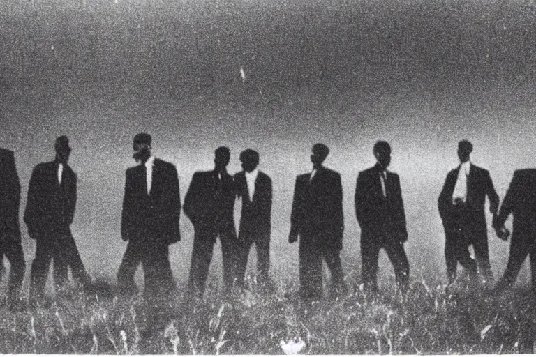 Prompt: 8 mm film still, blurry, grainy, liminal, unsettling, group of tall men in suits in a field at midnight, thunderstorm, dark