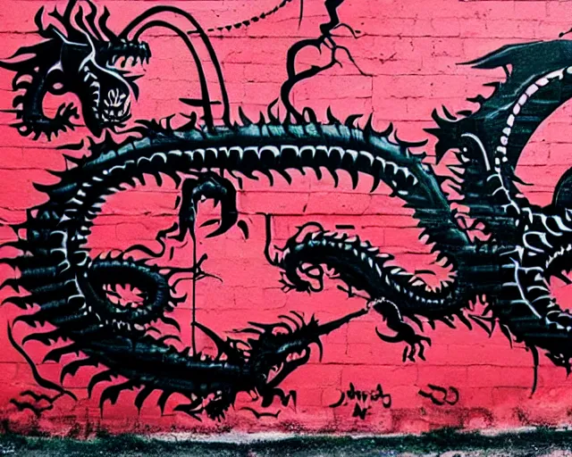 Image similar to a wall that has some lovecraftian graffiti on it inspired by wretched dragon rib cage. red and black colors.