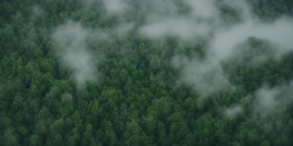 Prompt: aerial photograph of calming fog over the woods on a mountain, green, photorealistic